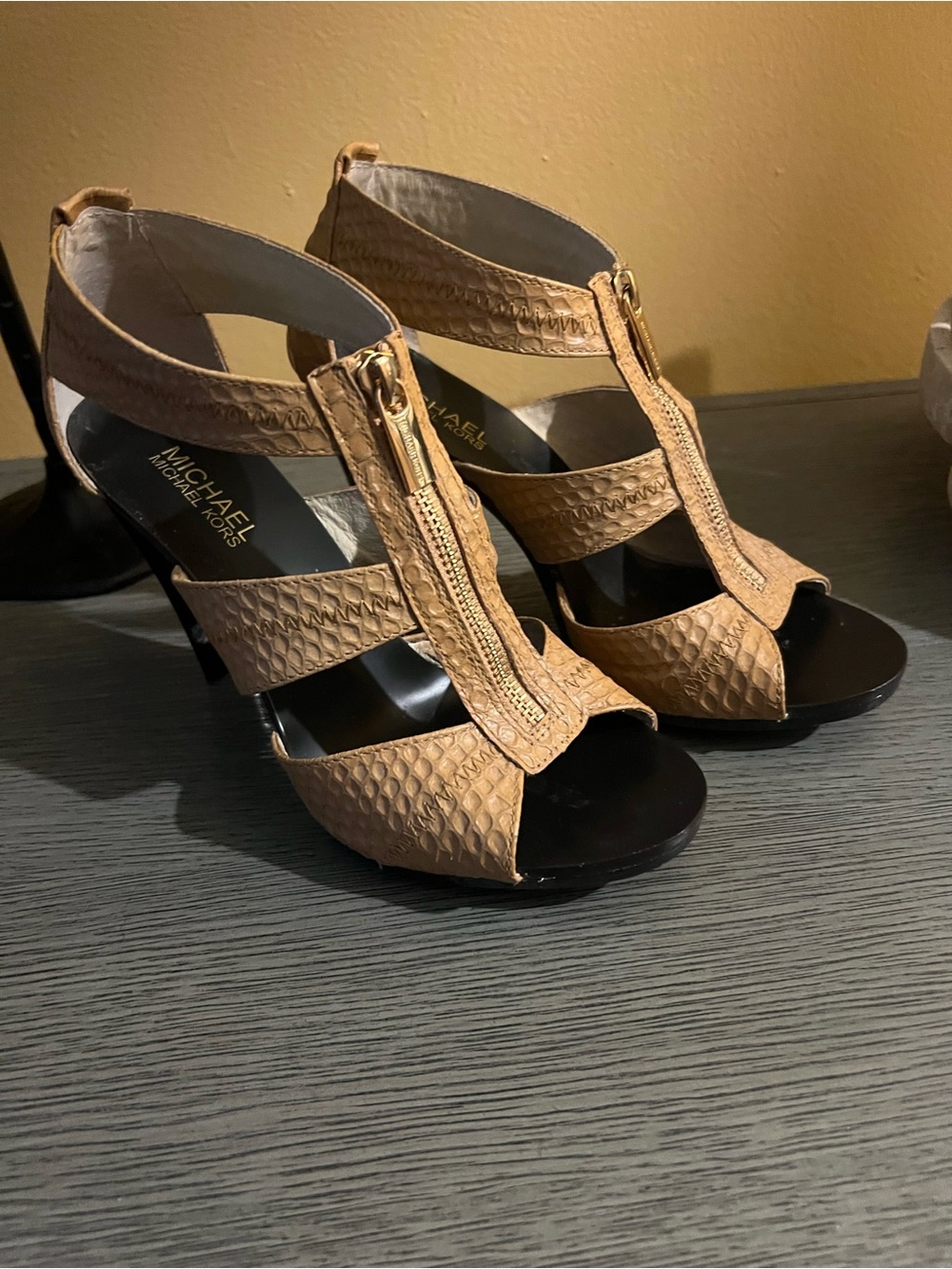 MICHAEL Michael Kors Tan Textured Zip Front Strappy Heels